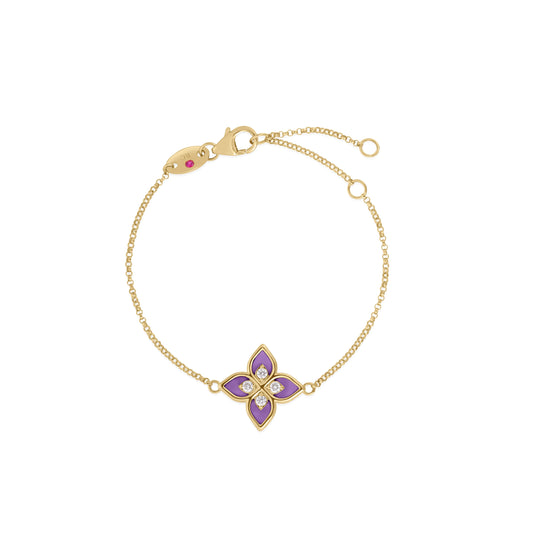 Roberto Coin Venetian Princess Flower Frame Charm Bracelet Diamond, Ceramic Enamel Lavender in 18K yellow gold