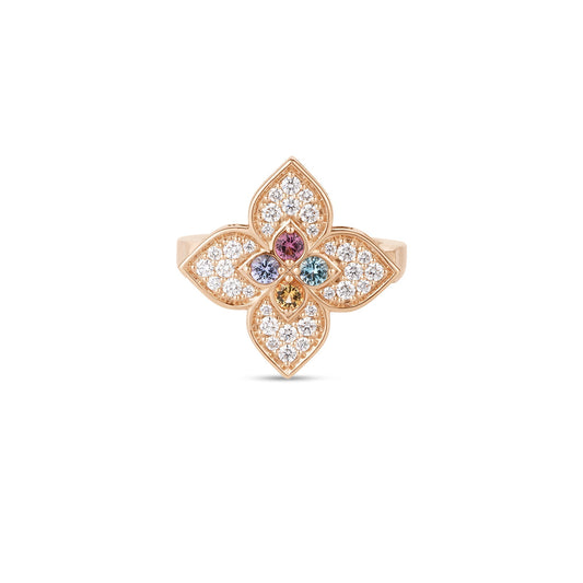 Roberto Coin Venetian Princess Large Carnival Flower Ring Pavé Diamond, Mixed Gemstones in 18K rose gold