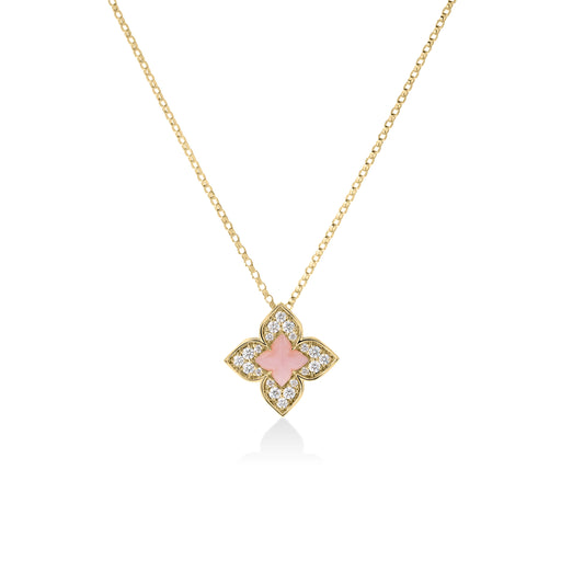 Roberto Coin Venetian Princess Carnival Flower Necklace with pink opal and diamond in 18K yellow gold