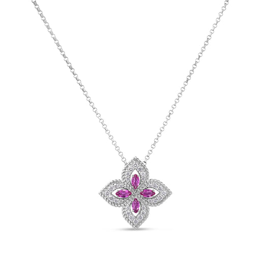 Roberto Coin Venetian Princess Flower Necklace with pink sapphire and diamond in 18K white gold