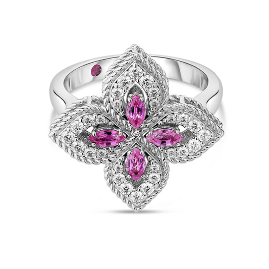 Roberto Coin Venetian Princess Flower Ring with pink sapphire and diamond in 18K white gold