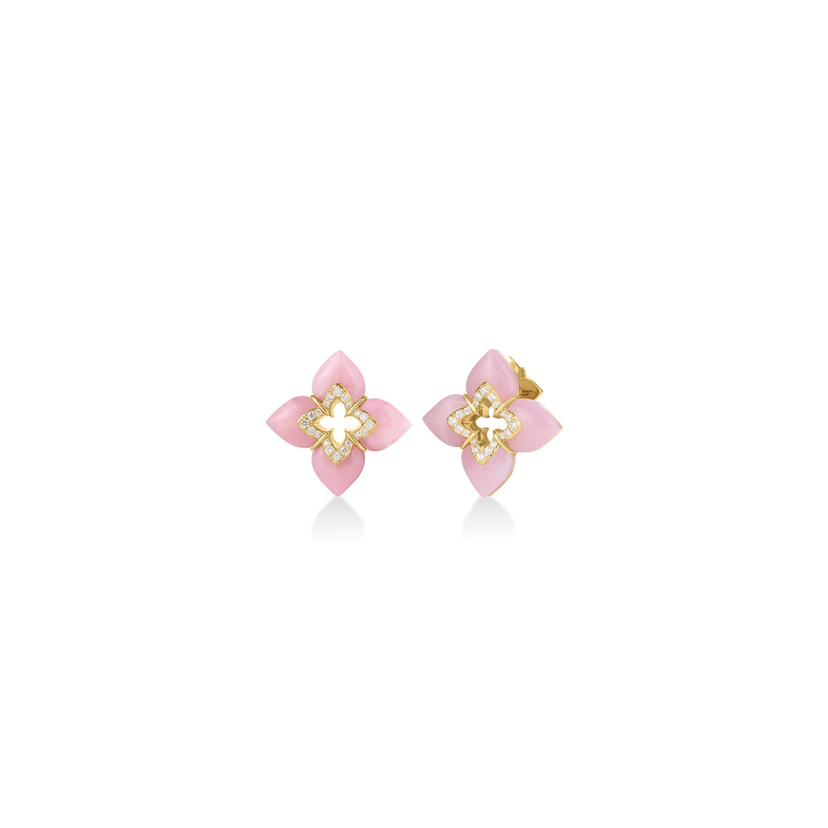 Roberto Coin Venetian Princess Cabochon Flower Stud Earrings with pink opal and diamond in 18K gold