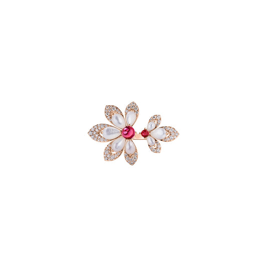 Roberto Coin Tiare' Split Flower Ring Pavé Diamond, Mother of Pearl, Rubellite in 18K rose gold