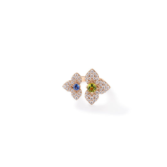 Roberto Coin Venetian Princess Carnival Stones Split Flower Ring Diamond, Blue Sapphire, Peridot in 18K rose gold