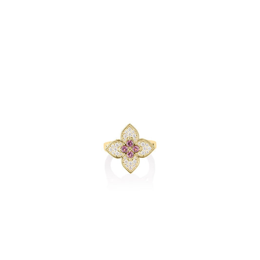 Roberto Coin Venetian Princess Large Carnival Flower Ring Pavé Diamond, Rubellite in 18K yellow gold
