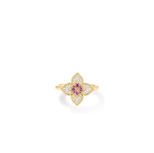 Roberto Coin Venetian Princess Medium Carnival Flower Ring Pavé Diamond, Rubellite in 18K yellow gold