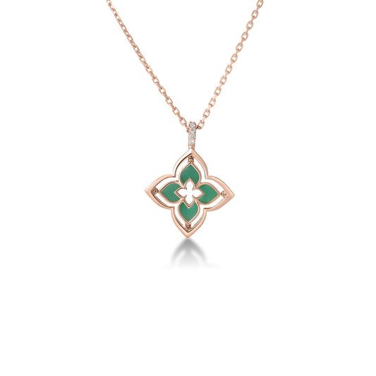 Roberto Coin Venetian Princess Pirouette Small Flower Necklace with chrysoprase and diamond in 18K rose gold