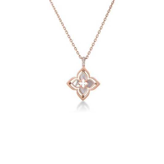 Roberto Coin Venetian Princess Pirouette Small Flower Necklace with mother of pearl and diamond in 18K rose gold
