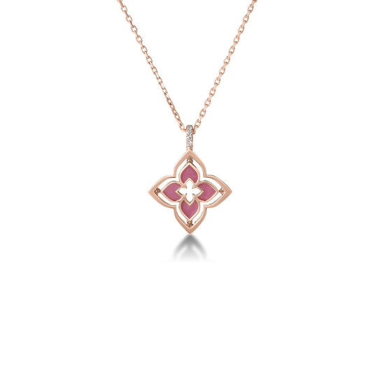 Roberto Coin Venetian Princess Pirouette Small Flower Necklace with rhodonite and diamond in 18K rose gold