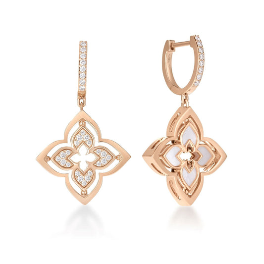 Roberto Coin Venetian Princess Pirouette Small Flower Drop Earrings with mother of pearl and diamond in 18K rose gold
