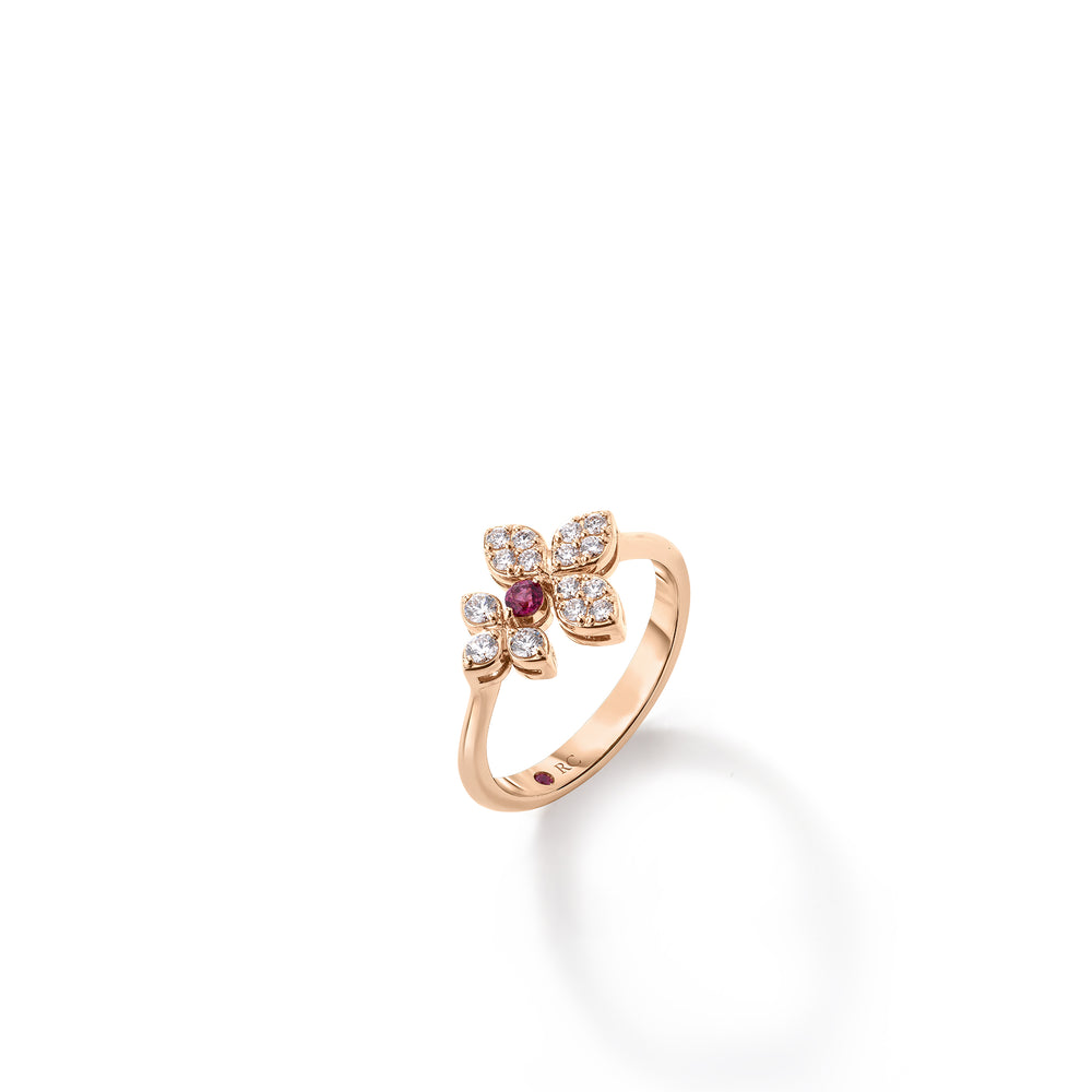 Love In Verona Pave Diamond And Rubellite Split Flower Ring