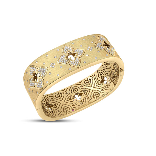 Roberto Coin Venetian Princess Inlayed Flowers Wide Bangle Pavé Diamond, Satin Finish in 18K yellow gold