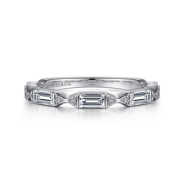 14K White Gold Channel Set Baguette and Round Diamond Anniversary Band