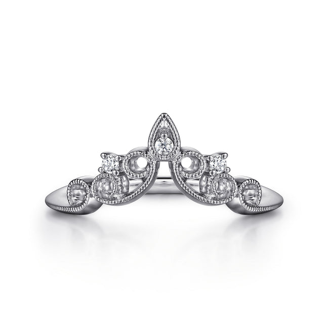 14K White Gold Curved Filigree Diamond Ring