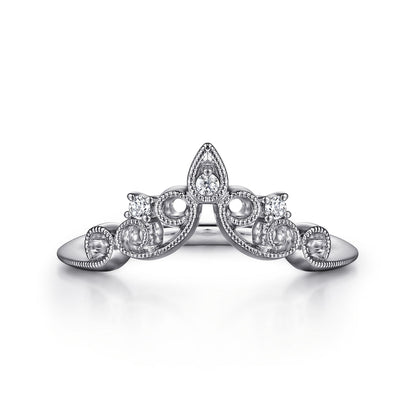 14K White Gold Curved Filigree Diamond Ring