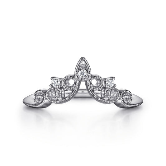 14K White Gold Curved Filigree Diamond Ring