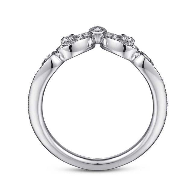 14K White Gold Curved Filigree Diamond Ring