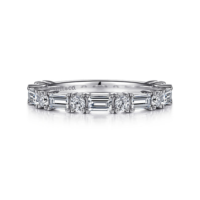 14K White Gold Baguette and Round Diamond Anniversary Band