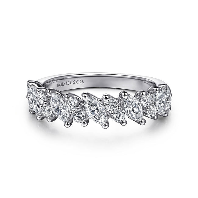 14K White Gold Prongs Marquise and Round Diamond Anniversary Band