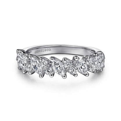 14K White Gold Prongs Marquise and Round Diamond Anniversary Band