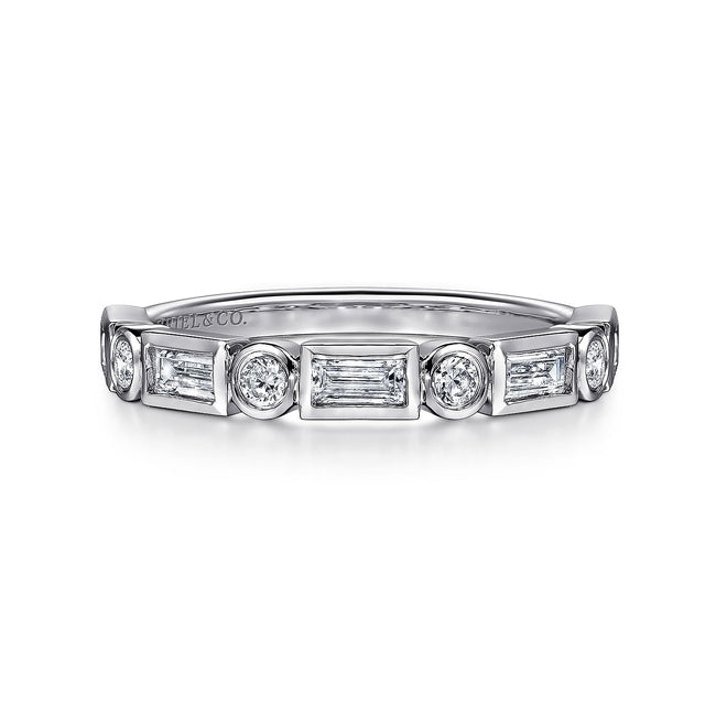 14K White Gold Bezel Set Baguette and Round Diamond Anniversary Band