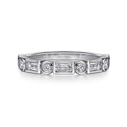 14K White Gold Bezel Set Baguette and Round Diamond Anniversary Band