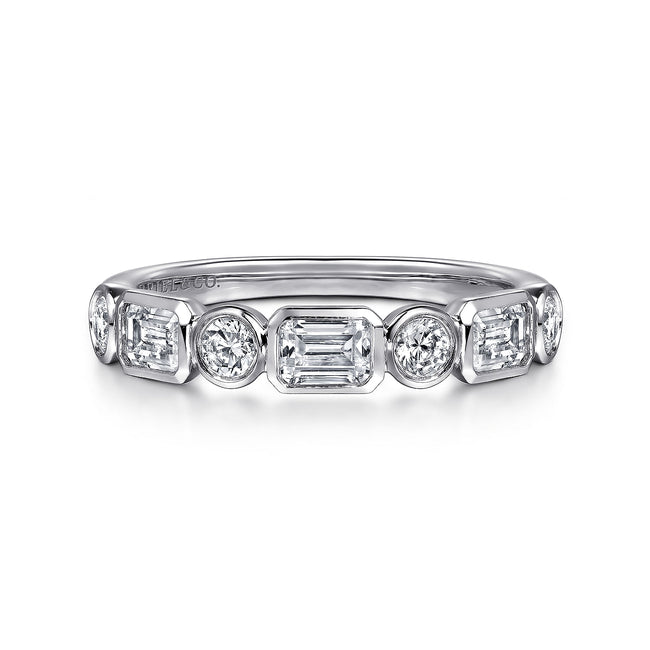 14K White Gold Bezel Set Emerald Cut and Round Diamond Anniversary Band