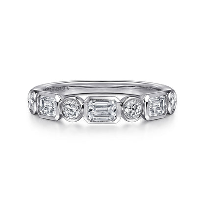 14K White Gold Bezel Set Emerald Cut and Round Diamond Anniversary Band
