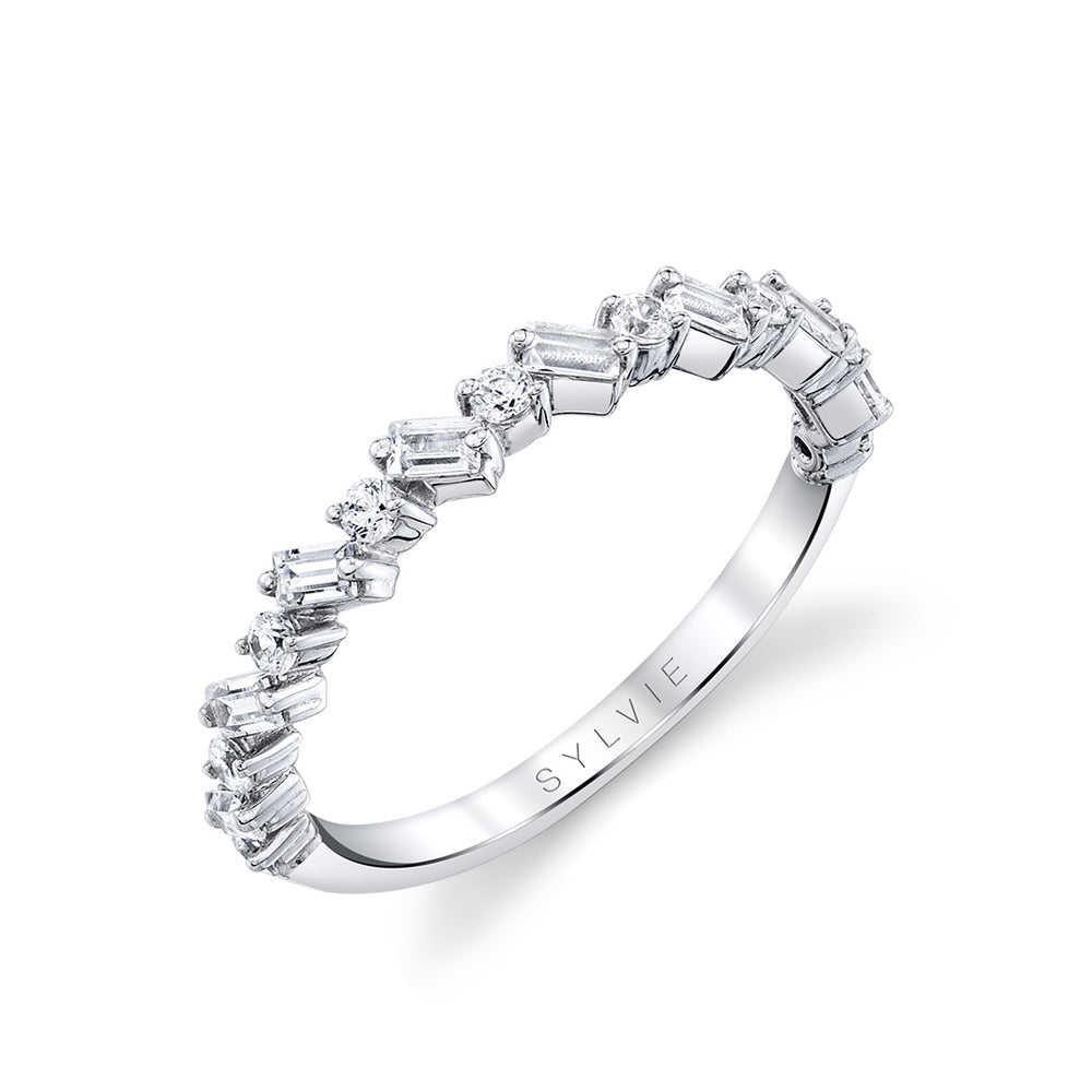 Sylvie Baguette and Round Slanted Diamond Wedding Band
