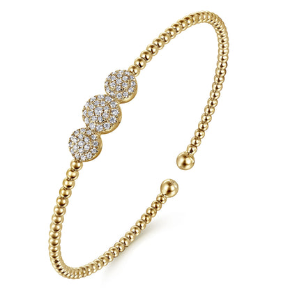 14K Yellow Gold Bujukan Bead Cuff Bracelet with Three Pavé Diamond Stations