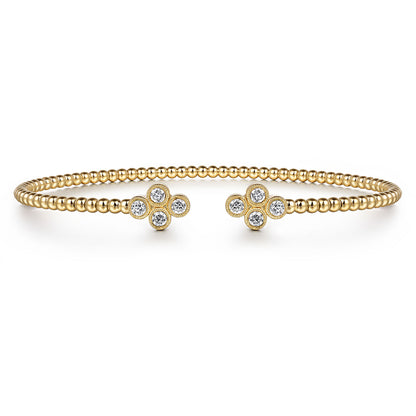 14K Yellow Gold Bujukan Bead Split Cuff Bracelet with Quatrefoil Diamond Endcaps