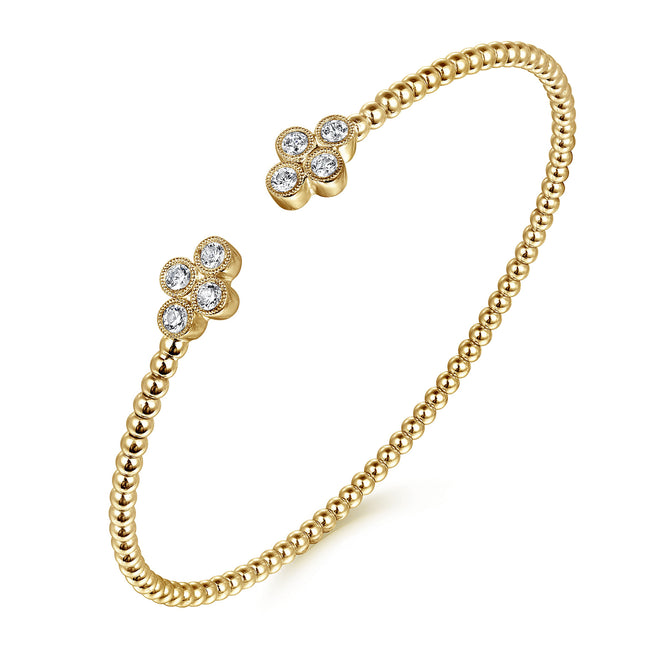 14K Yellow Gold Bujukan Bead Split Cuff Bracelet with Quatrefoil Diamond Endcaps