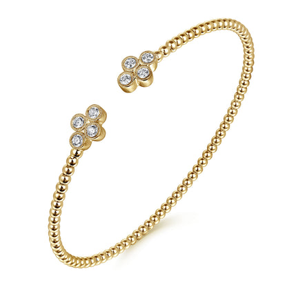 14K Yellow Gold Bujukan Bead Split Cuff Bracelet with Quatrefoil Diamond Endcaps