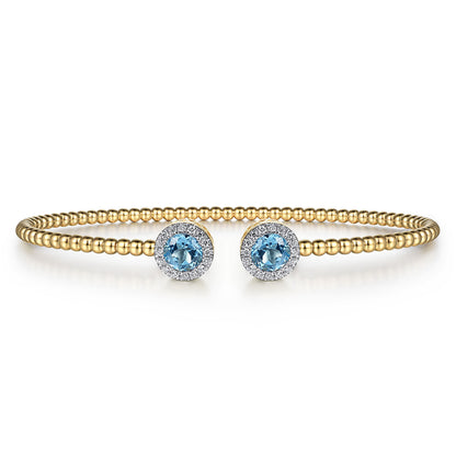 14K Yellow Gold Bujukan Diamond Halo and Blue Topaz Bangle