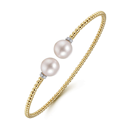 14K Yellow Gold Bujukan Diamond and Pearl Split Bangle