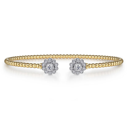14K White&Yellow Gold Bujukan Split Cuff Bracelet with Diamond Flowers