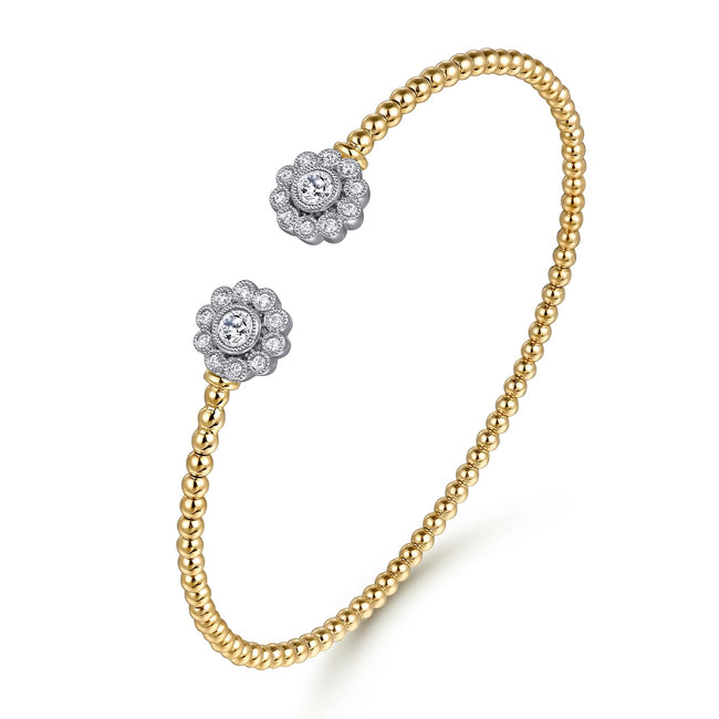 14K White&Yellow Gold Bujukan Split Cuff Bracelet with Diamond Flowers