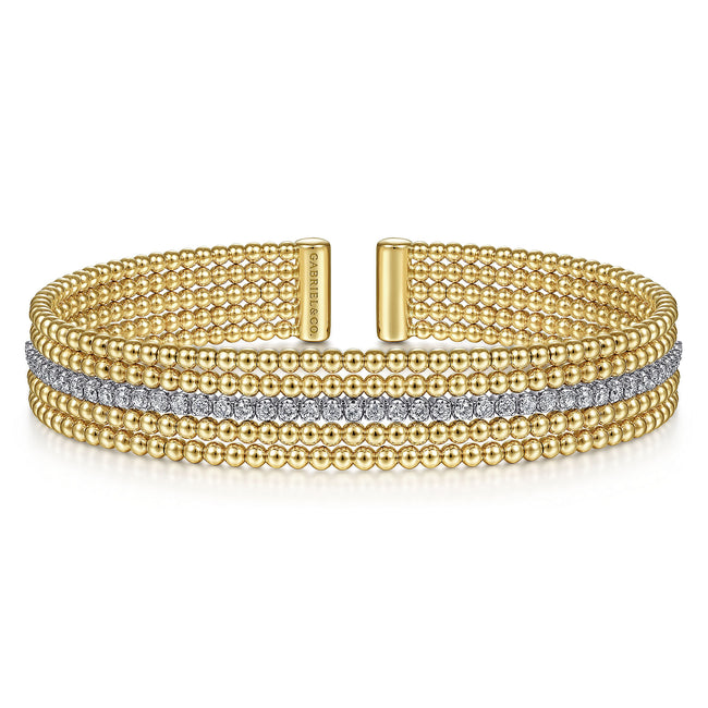 Wide 14K White-Yellow Gold Bujukan Diamond Cuff Bangle