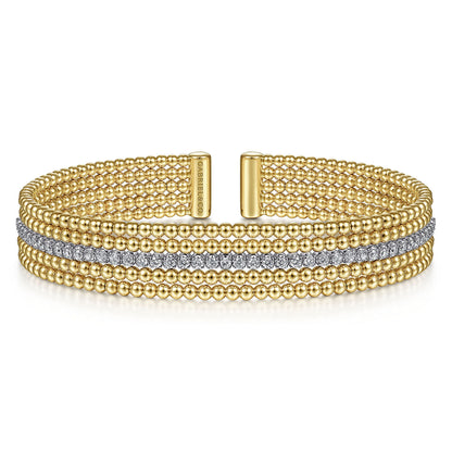 Wide 14K White-Yellow Gold Bujukan Diamond Cuff Bangle
