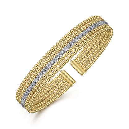 Wide 14K White-Yellow Gold Bujukan Diamond Cuff Bangle