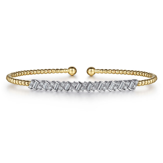 14K White-Yellow Gold Bujukan Baguette Diamond Cuff Bracelet
