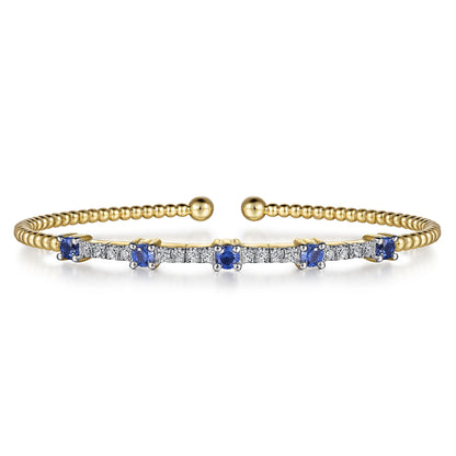 14K Yellow Gold Bujukan Diamond and Blue Sapphire Cuff Bracelet