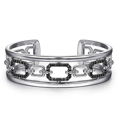 925 Sterling Silver Black Spinel Bujukan Link Chain Cuff Bracelet