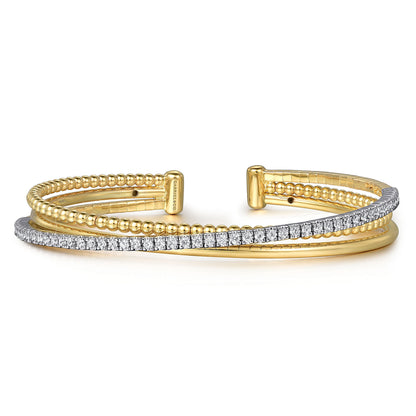 14K White and Yellow Gold Diamond Bujukan Criss Cross Bangle