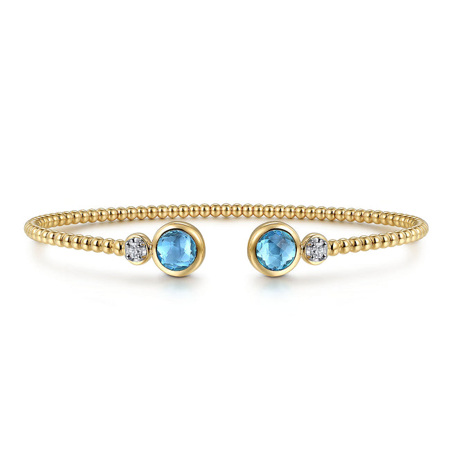 14K White and Yellow Gold Bujukan Diamond and Blue Topaz Bangle