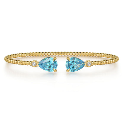 14K Yellow Gold Diamond and Pear Shape Blue Topaz Bujukan Bangle