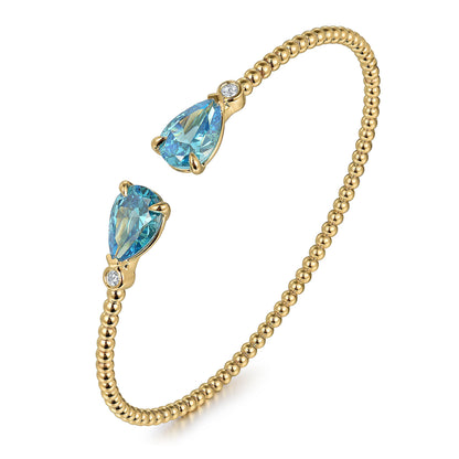 14K Yellow Gold Diamond and Pear Shape Blue Topaz Bujukan Bangle