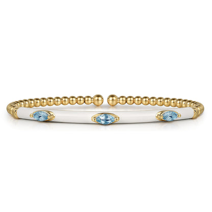 14K Yellow Gold Bujukan Blue Topaz Split Bangle with White Enamel