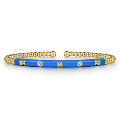 14K Yellow Gold Bujukan Beads and Diamond Split Bangle with Blue Enamel