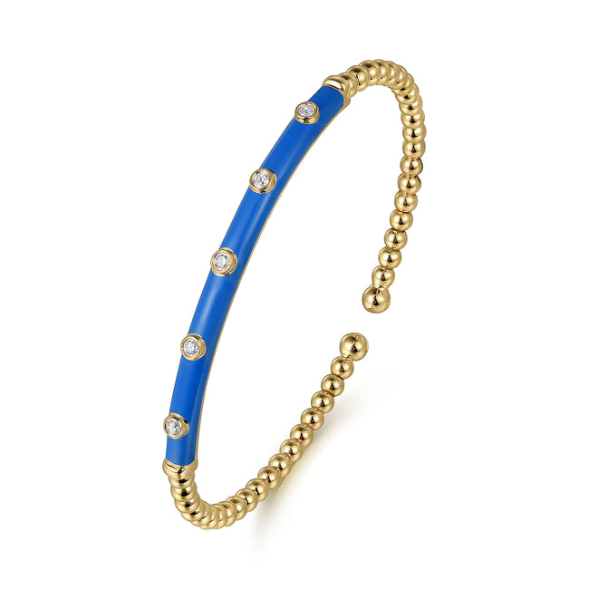 14K Yellow Gold Bujukan Beads and Diamond Split Bangle with Blue Enamel